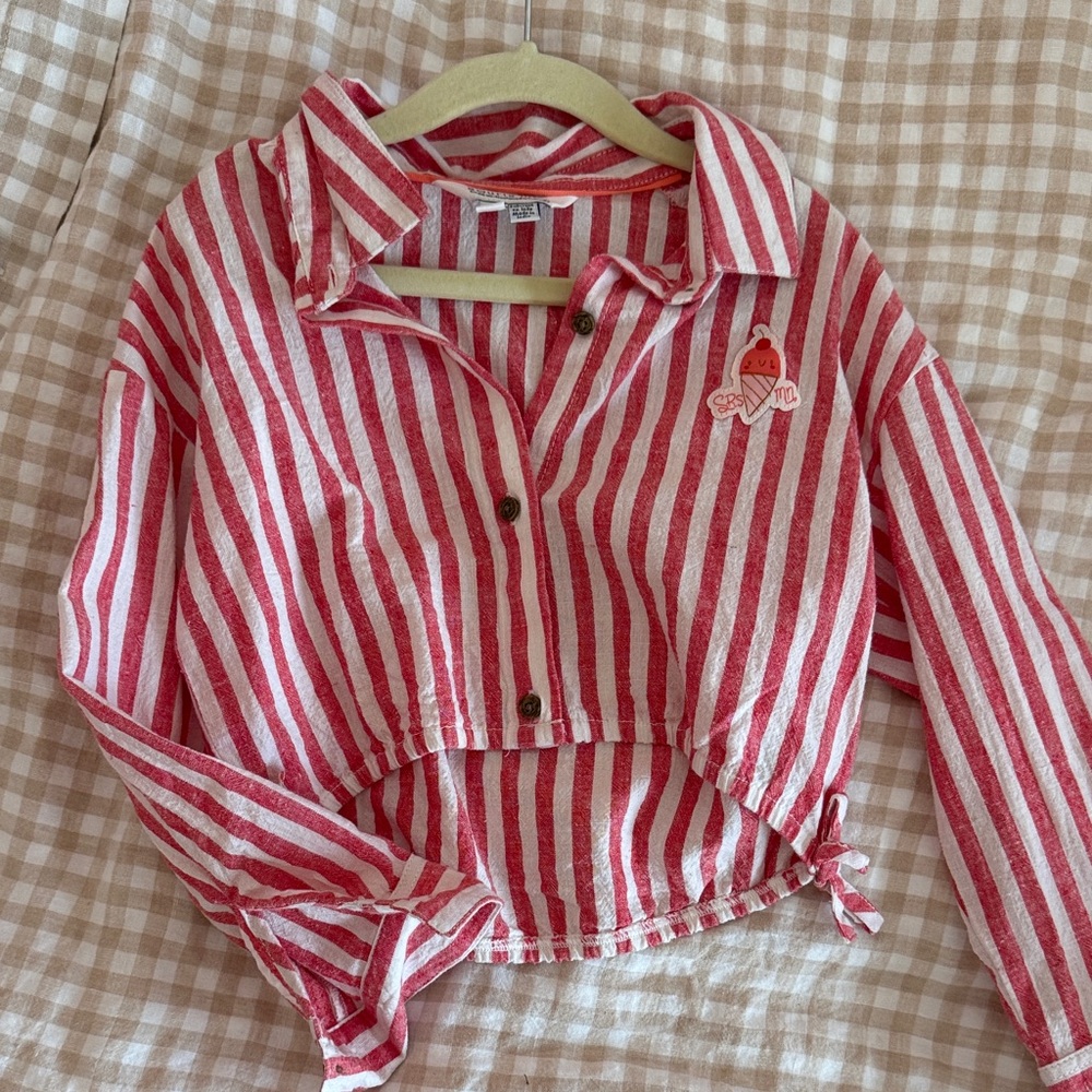 Striped Red & White Cropped Button-Up Shirt